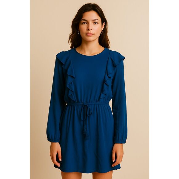 Ellison | Navy Ruffle Long Sleeve Mini Dress Size M | EUC - Picture 1 of 11